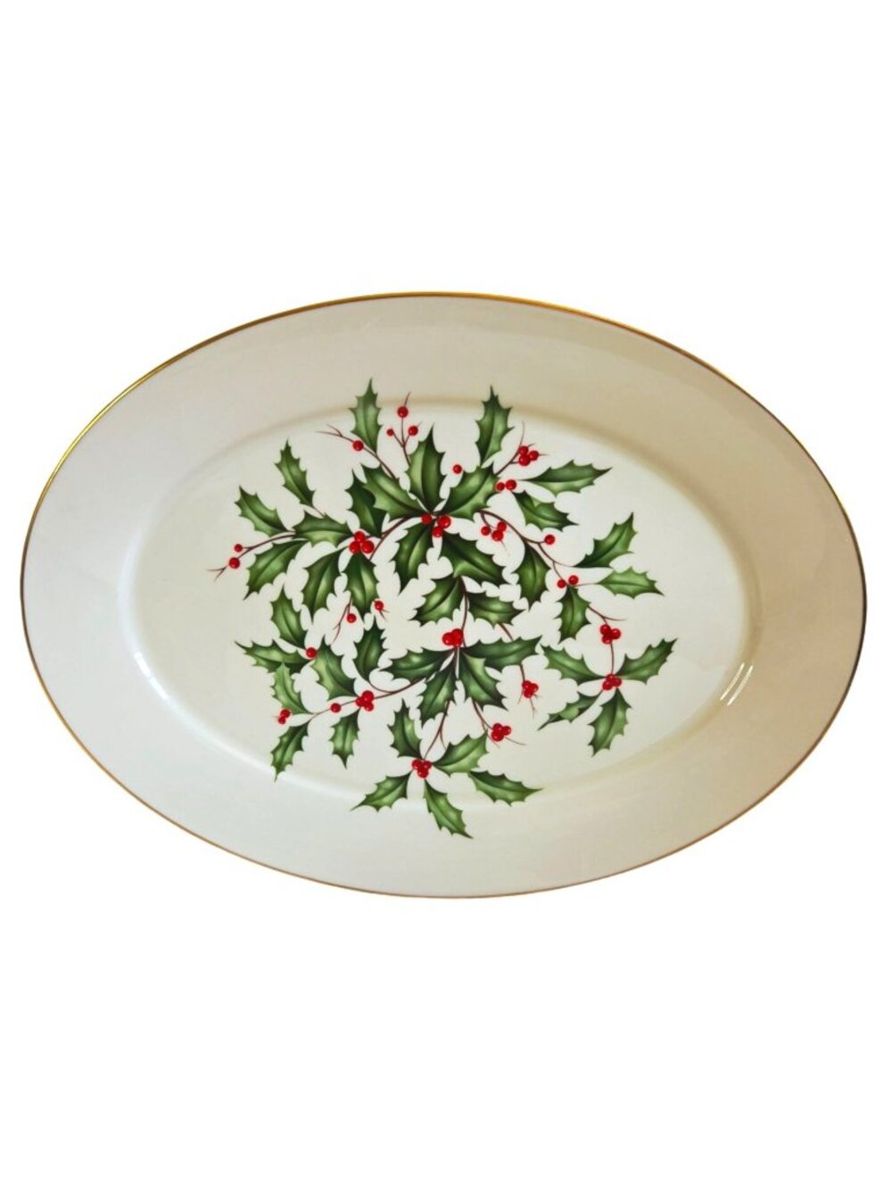 Lenox Holiday Oval Serving Platter Holly Berry 16" Porcelain Gold Trim Christmas
